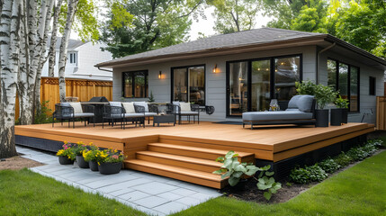 Canvas Print - Cozy outdoor deck with seating and lush greenery.