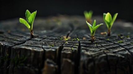 Wall Mural - Green Shoots Emerging from a Cracked Tree Stump