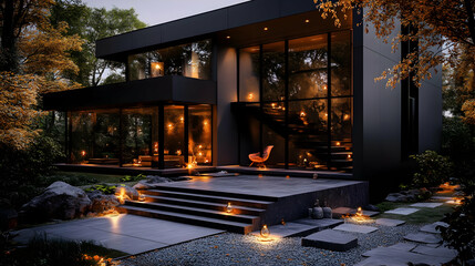 Sticker - Modern black house with large windows, surrounded by nature and lights.