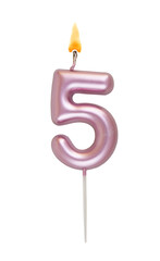 Burning pink birthday candle isolated on white background, number 5