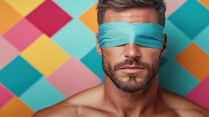Poster - Image features a shirtless man with a blue blindfold against a vibrant geometric background, highlighting a modern and bold artistic expression.