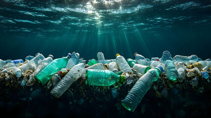 Wall Mural - Underwater scene showing plastic waste polluting the ocean.