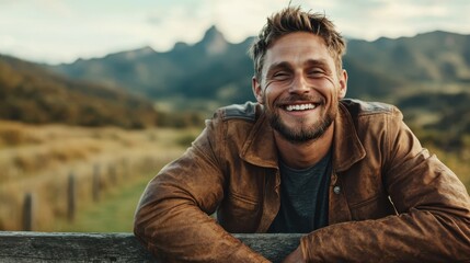 A happy man in a brown leather jacket leans on a fence, with a scenic view of mountains and fields in the background, conveying joy and freedom outdoors.