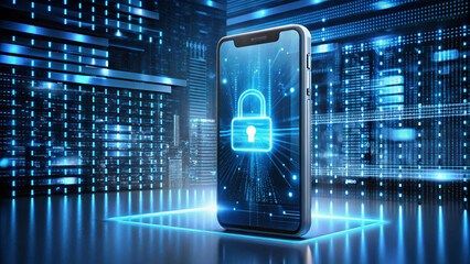 Mobile Security Concept with Digital Lock and Cityscape
