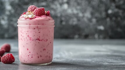 A jar filled with raspberry smoothie, creatively topped with oats, fresh mint leaves, and raspberries, providing a healthy and delectable treat on a textured backdrop.