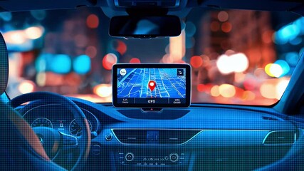 Interior of a car with a GPS navigation system displaying a map of a city at night.