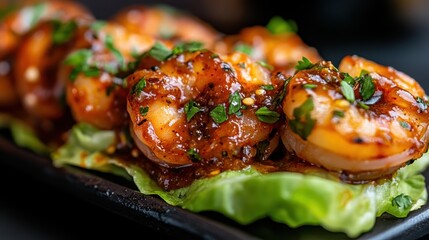 Deliciously spicy glazed shrimp placed atop crisp green lettuce leaves, garnished with fresh herbs, providing a savory and visually appealing dish.