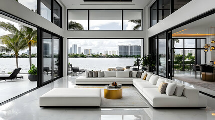 Poster - Modern living room with waterfront view and elegant furnishings.