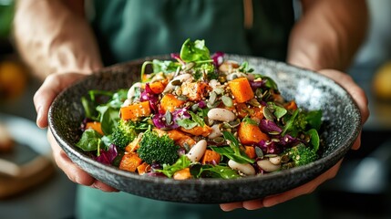 A beautifully presented salad with a variety of greens, roasted vegetables, and seeds in a deep black bowl, synonymizing themes of health, taste, and gourmet cooking.