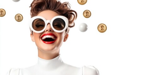 Canvas Print - Woman wearing sunglasses and a red lip is surrounded by a bunch of colorful balls. Young woman in a trendy white dress, big sunglasses, laughing, billiard balls and dollar coins hovering around her.