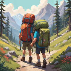 Illustration of two tourists with huge backpacks going on a hike