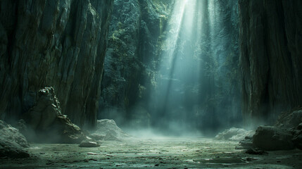 Dramatic cave with towering rock walls and sunlight streaming through