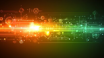 Poster - Abstract digital background with glowing lines and circles in shades of orange, green, and blue.