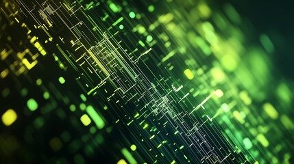 Poster - Abstract digital background with glowing lines and dots in green and yellow hues.