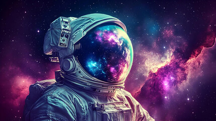 Wall Mural - Astronaut helmet reflecting a colorful cosmic scene.