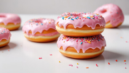 Pink donuts with colored sprinkles on a white background