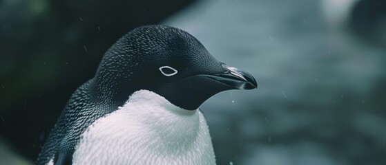 A penguin stands poised as raindrops fall gently around it, evoking serenity and resilience in a cool, muted environment.