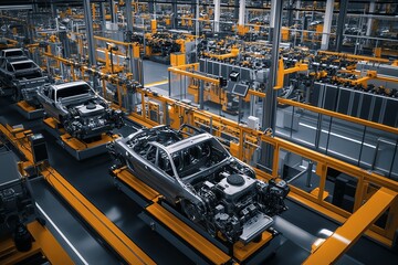 6 An aerial view of a large car parts manufacturing plant with rows of robotic machines assembling engines, photorealistic, sharp focus on machinery