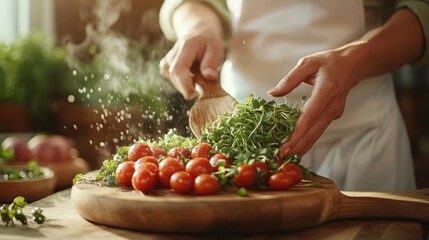 Close-up image of steaming cherry tomatoes being prepared with fresh greens by a pair of hands in a kitchen setting, showcasing cooking with freshness and care.