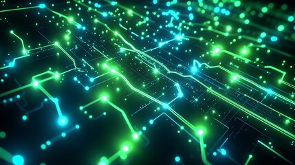 Poster - Abstract digital circuit board with glowing green and blue lines and dots on a black background.