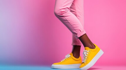 A stylish individual stands confidently in vibrant pink pants and striking yellow sneakers, set against a colorful backdrop, emphasizing fashion and self-expression.