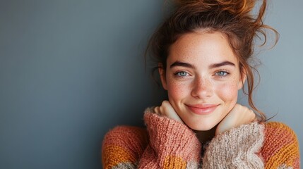 A cheerful woman with a natural smile wears a warm, colorful knit sweater, exuding warmth and comfort against a neutral background, representing simple joy.