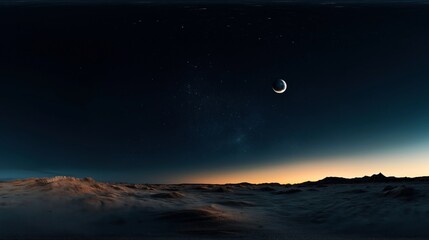 Wall Mural - surreal lunar landscape under a starry sky with a crescent moon glowing in the night and a rugged te
