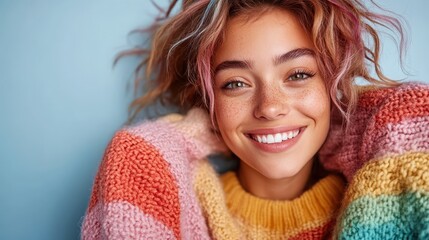 A freckled woman with vibrant hair and a colorful knit sweater smiles brightly, showing her joyful expression against a soft, calming background.