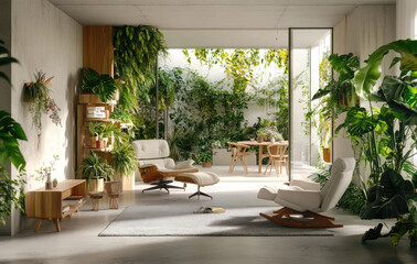 A modern interior design of an apartment featuring lush green plants, indoor potted flowers, and hanging planters on the walls.