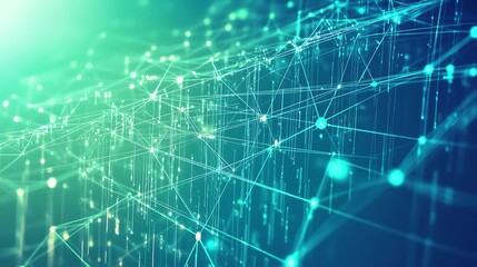 Poster - Abstract digital network with glowing lines and dots in green and blue tones.