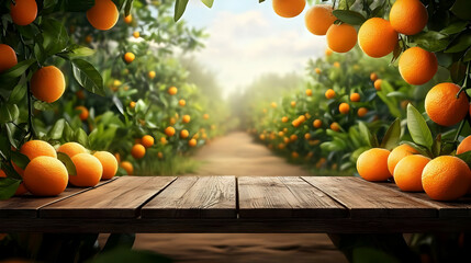 Canvas Print - Lush orange grove with a wooden table and pathway in the background.