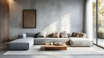 Canvas Print - Modern living room with a cozy sofa and wooden coffee table.