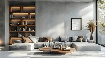 Poster - Modern living room with cozy furniture and a serene atmosphere.