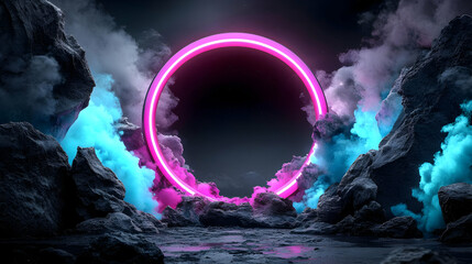 Wall Mural - A glowing circular portal amidst colorful smoke and rocky terrain.