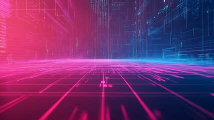 Poster - Abstract futuristic digital landscape with glowing lines and code.