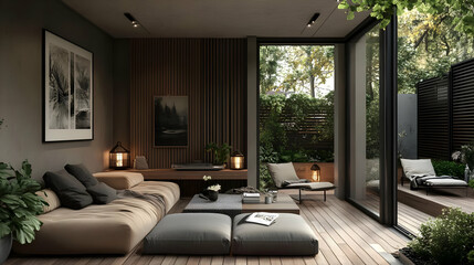 Poster - Cozy modern living room with outdoor garden view.