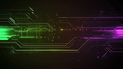 Poster - Abstract futuristic glowing circuit board pattern with green and purple lines.