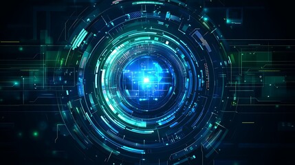 Poster - Abstract futuristic technology background with glowing blue and green circles, lines, and patterns.