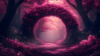 Poster - Enchanted pink forest with a mystical archway and serene path.