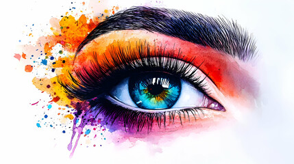 Poster - Vibrant watercolor eye illustration with colorful splashes.