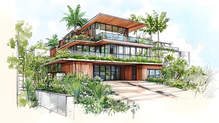 Watercolor Sketch of a Modern Two-Story House with Lush Greenery