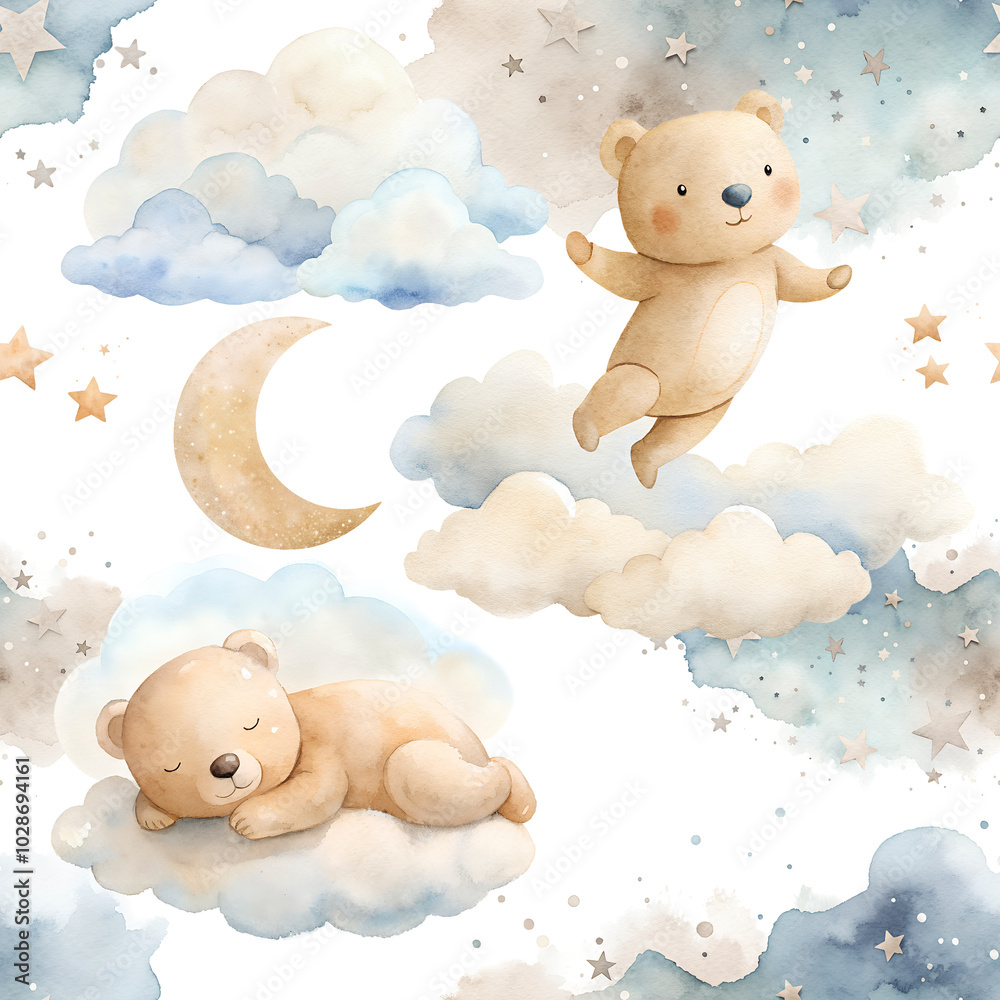 Watercolor seamless pattern with bears, stars, blue clouds, moon and ...
