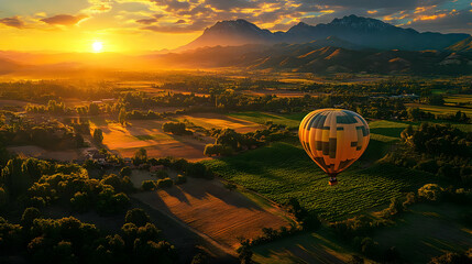 Poster - A hot air balloon floats over a scenic landscape at sunset.