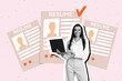 © deagreez - Creative collage picture young employee manager recruiter select candidate resume cv check tick success laptop profile application