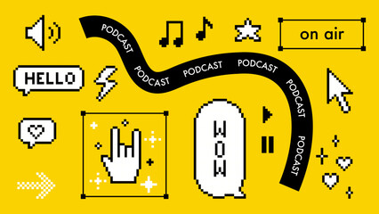Fototapete - Podcast. Y2k pixel icons set. Radio podcast concept. Music note, speech bubble, on air sign. Game abstract elements. Black color modern shape for collage and poster. Abstract geometric simple sign