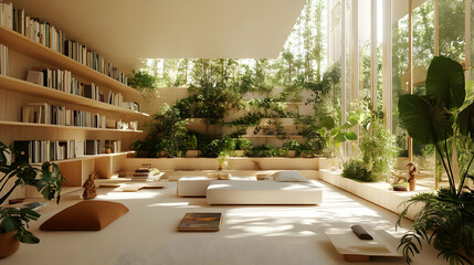 Poster - Bright, serene indoor space filled with plants and books.