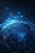 © grey - Abstract digital world map with global network connections and data transfer, technology background concept. Blue glowing lines on a dark blue background.