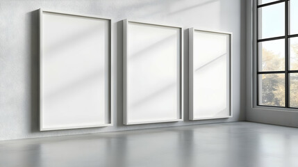 Canvas Print - Three empty frames in a bright room with large windows.