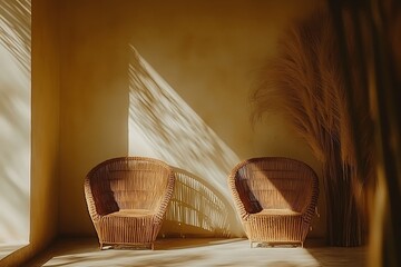 Two Wicker Chairs in a Sunny Room with a Dried Grass Plant