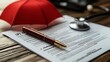 © pongtap - Health insurance document with pen, stethoscope, and red umbrella on wooden background.
